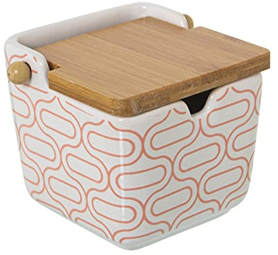 DRW Azucarero de cerámica con Tapa de Madera en Blanco, Rojo y Natural 9x9x9cm