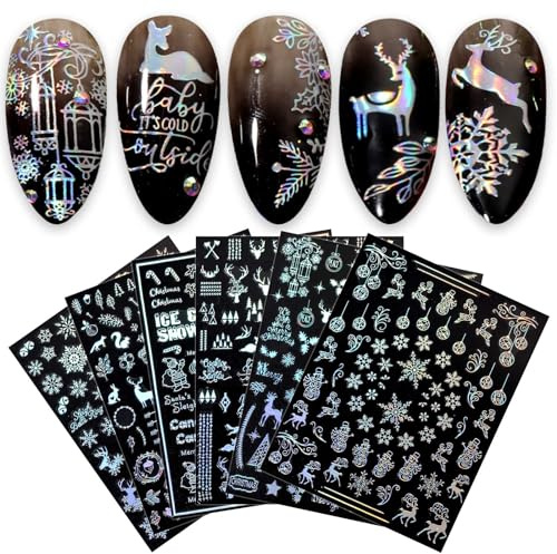 JMEOWIO Nagelsticker Aurora Weihnachten 9 Blatt Nagelaufkleber Selbstklebend Rose Gold Schneeflocken Winter Nail Art Sticker Dekoration Nageldesign Zubehör