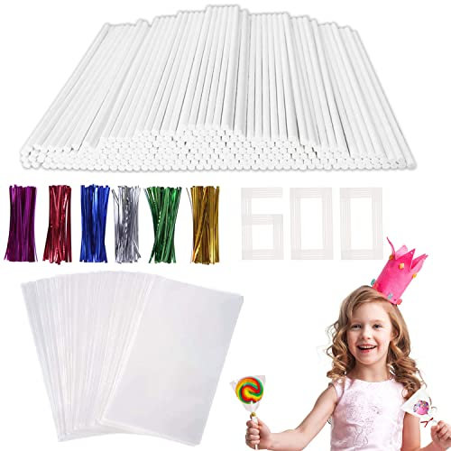 Juego De 600 Palitos para Cake Candy Pop,200 Palitos De Piruleta,200 Bolsas De Caramelos y 200 Alambres De Atar, Lollipop Stick para Hacer Tartas De Chuches,Piruletas y Decoraciones De Bodas,Fiestas