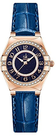 SK Montres pour Femmes Fashion avec Diamants en Cristal, Montre habillée pour Dames avec Bracelet en Cuir véritable et en Acier Inoxydable. (Blue)