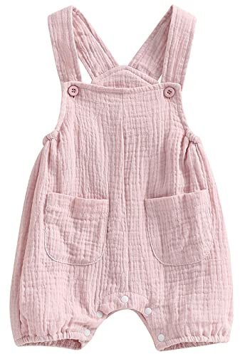 ZZLBUF Baby Girls Boys Cotton Linen Dungarees Shorts Infant Baby Jumpsuit One-Piece Bib Overall Pants with Pockets (Pink, 12-18 Months)
