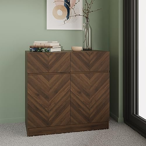 GFW Catania Compact Sideboard, Royal Walnut Storage Cabinet with 2 Drawers and 2 Doors, Herringbone Wood Grain Sideboard