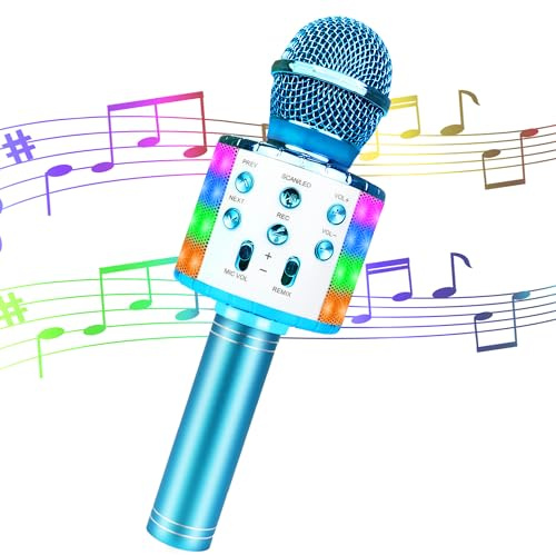 Jvcon Karaoke Microphone for Kids, Wireless Bluetooth Handheld Portable Singing Karaoke Mic Speaker with LED Lights Gift for Girls Boys Kids Children (Blue)