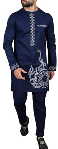 Afrikanska Kläder Skjorta och Byxor Kostymer för Män Set Med 2 Delar Dashiki Kläder Långärmad Traditionell Träningsoverall (Color : Blue, Size : L)