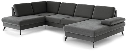 Cavadore Wohnlandschaft Moritz / Sofalandschaft mit Longchair im trendigen Design, Sitztiefenverstellung und mattschwarzen Metallfüßen / 212 x 82 x 335 / Mikrofaser, Grauoliv