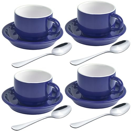 homEdge Premium Espresso Shot Cups and Saucers Set with Espresso Stainless Steel Spoons - 2.5 oz, Set of 4, Navy