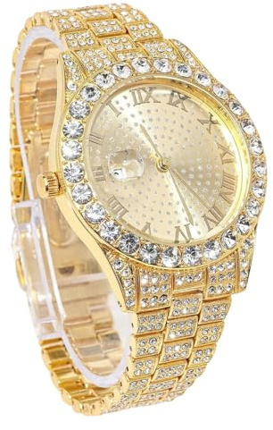 genkigold Montre en Diamants pour Homme – Cadran Rond 43mm Chiffres Romains – Plaqué Or Véritable 18K Bracelet 22,5cm – Quartz Japonais – Bijou de Luxe