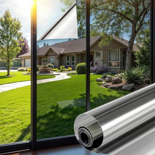 Mgood Pellicola per Vetri Finestre Unidirezionale Privacy 44.3x200cm, Pellicola Specchio per Vetri Finestre Anti UV Controllo del Calore Pellicola Oscurante per Vetri per Ufficio Casa, Argento-argento