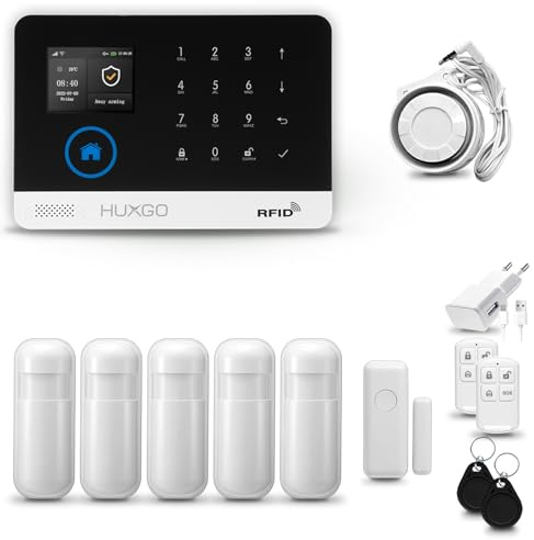 HUXGO® HXA003 Alarmanlage Haus WiFi + GSM mit Sirene | Tuya Smartlife App | Alarm System mit Drahtloser Fenstersensor, 5X Bewegungsmelder | Alarmanlage für Wohnung, Garage