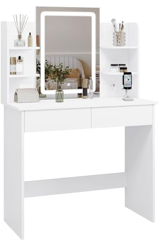 WOLTU Schminktisch mit Spiegel, Beleuchtung, Frisiertisch mit 2 USB-Ports | Helligkeit Einstellbar, 2 Schubladen, 4 offene Ablagen, Kleiner Schminktisch fürs Schlafzimmer, 90 x 40 cm, Weiß