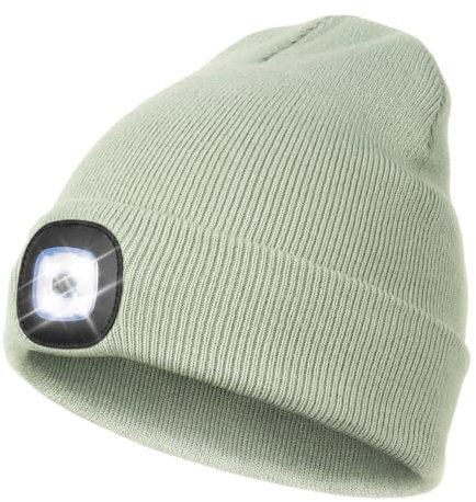 Wmcaps Mütze mit Led Licht, Wiederaufladbare USB Freisprech Stirnlampe Strickmütze Wintermütze Warme Mütze Kappe Scheinwerferkappe zum Camping Joggen Geschenke für Männer Frauen, Sojagrau