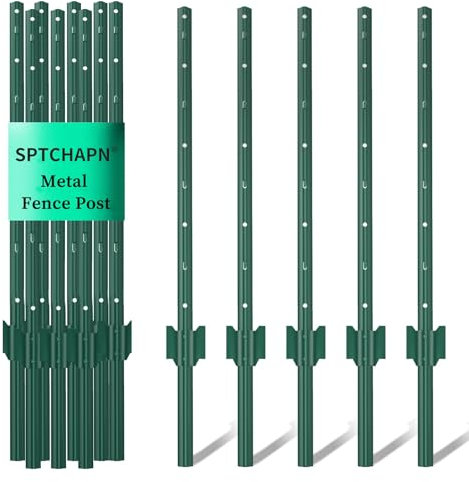 sptchapn 148cm / 58.5in Sturdy and Durable Metal Fence Post, Pack of 10 for Garden Patio and Outdoor Wire U-Shaped Fence Post Green T-Posts (10)
