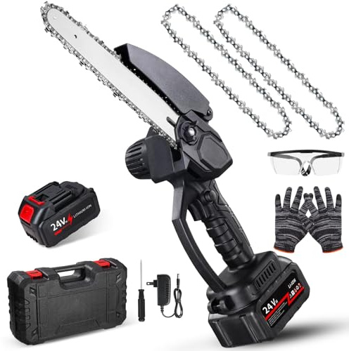 Mini tronçonneuse sans fil de 20,3 cm, moteur sans balais avec 2 batteries + 2 chaînes, vitesse de chaîne de 8 m/s, scie à chaîne électrique portable pour jardin, cour, branche, coupe du bois