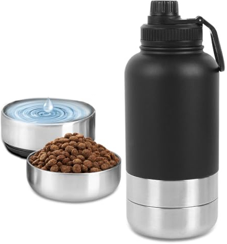 Ruioomeep Hundetrinkflasche für Unterwegs, Trinkflasche Hunde für Unterwegs, Isolierflasche aus Edelstahl, mit Wassernapf und Futternapf, Hundeflasche Futterbehälter für Wandern, Reisen, Spaziergang