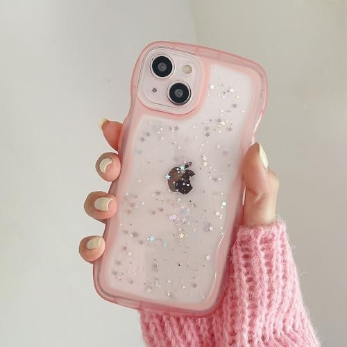GXZJFC Custodia Bling Glitter per iPhone 14 Pro Max 15 13 12 11 X XR XS 6 7 8 Plus SE MiNi Cover antiurto trasparente morbida con bordo ondulato, rosa, per iPhone 14