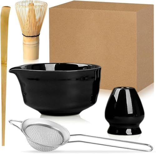 Duscdesp 5 stycken matcha set, bambu matcha kvast, keramisk matcha-skål med hällpip, matcha whisk, spade, sil, matcha teset utan pulver, ceremonial matcha startset (svart)