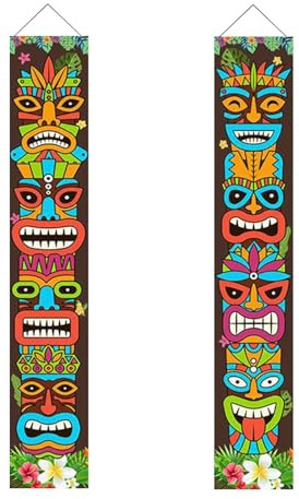 Signes du porche - Banners Tiki Totem avec feuilles de palmier tropicales, décor festif brillant | Décoration murale suspendue pour porche, jardin, exposition de fenêtre, fournitures de fêt