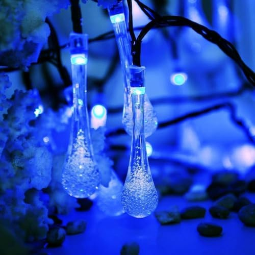 SUAVER Solar Lichterkette Aussen 13ft 20LED Kristall Tropfen String Licht,Wasserdicht 8 Modi Wassertropfen Fee Lichter Outdoor Garten Dekoration Licht Solarbeleuchtung für Party Balkon (Blau)