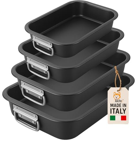 AKITAInk Set 4 Teglie Antiaderenti 20-25-30-35 cm | Acciaio al Carbonio, Cottura Uniforme, Bordo Alto, Lavabili in Lavastoviglie, Senza Grassi per Pizze e Torte Made in Italy