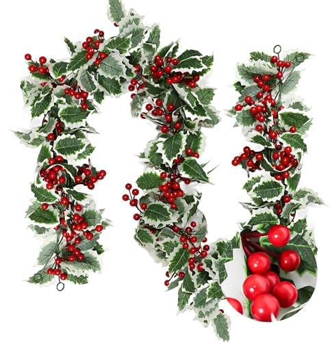 2 guirnaldas de Navidad de bayas rojas, guirnaldas artificiales de Navidad, hojas de acebo de Navidad, guirnaldas de vegetación sintética, guirnaldas de invierno con bayas rojas nevadas para colgar en