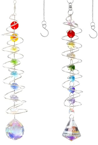 2 Pcs Suncatcher Wind Spinner Gazing Ball Spiral Tail, Rainbow Decorative Wind Spinner Sun Catcher, Glass Crystals for Girl Women Garden Decoration(Colorful)