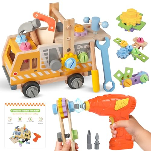 Fozcmisw Werkzeugkoffer Kinde, Werkbank Kinderspielzeug ab 2 Jahre, Kinderwerkzeug Holzspielzeug Montessori , Geschenk Junge Mädchen Werkzeug Motorik Lernspiele 3 4 5 Jahre