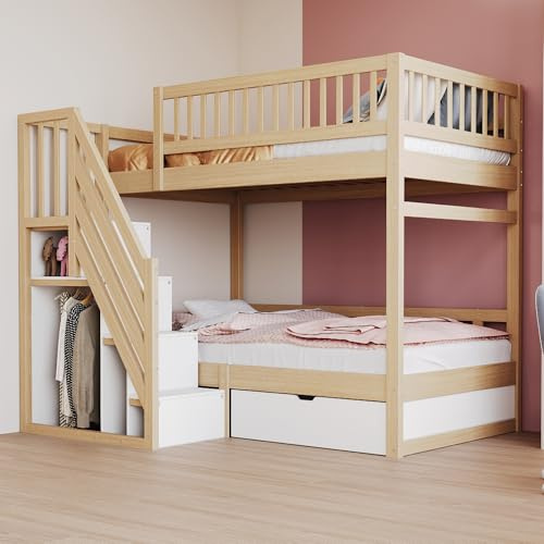MSMOK Letto a castello in legno massello 90 x 200 cm, con rete di sicurezza elevata, con rete a doghe, scala di sicurezza con vano portaoggetti, culla per bambini, colore legno