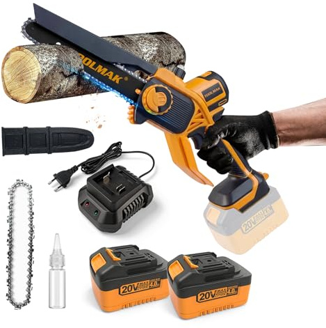 TOOLMAK 8 Pollici Motosega a Batteria 20V Brushless Motore 4,0Ah | Mini Sega con Motore Senza Spazzole, Ideale per Potatura Alberi e Taglio Legna, con Pompetta Olio (2 Batterie )