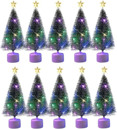 Mini Künstlicher Weihnachtsbaum mit LED Lichterketten Weihnachtsdeko Tisch Tannenbaum Klein Miniatur Christmas Tree mit Beleuchtung Tabletop Christbaum Weihnachtsbäume Weihnachten Tischdeko (10 Stück)