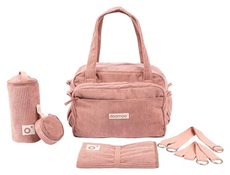 doomoo Sac à langer Bebe Fluffy - Grande Contenance de 24L - Rangements Modulables - Pochette Amovible - 8 Accessoires Bébé Inclus Dont Matelas à Langer, Housse Isotherme et Attaches Poussettes, Rose