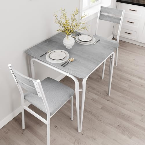 GarveeMore 3-Teilige Essgruppe Esstisch mit 2 Stühlen für 2 Personen, Grau | Kleiner Tisch Sitzgruppe, Quadratischer Küchentisch Mit Metallgestell Esszimmergruppe für Küche Wohnzimmer Apartment