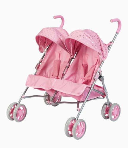 Dolls Twin Stroller, Pink Double Doll Pushchair with Canopy, Fits 2 Dolls up to 41cm, 52L x 52W x 62H cm