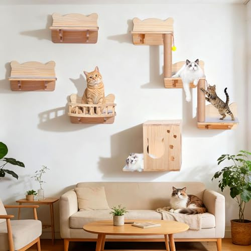 Kletterwand Katzen aus Holz, 5er Wandregal Katzen-Wandmöbel mit grauen Filzauflagen, Katzen Wandelemente Set mit Katzentreppe, Katzenhaus, Katzenplattform, Katzenwand & Kratzbaum bis zu 21 kg