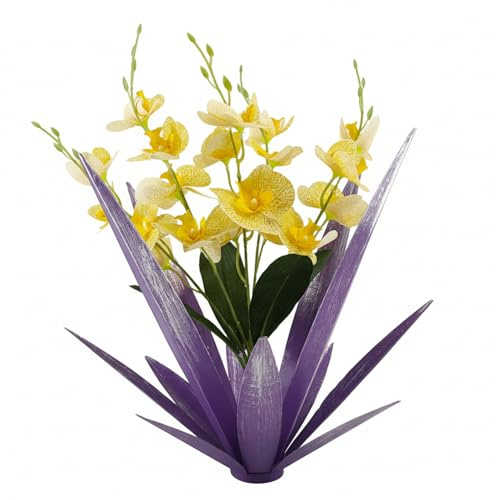 Hperu Flores de Metal - Planta de Agave de Metal rústico con orquídeas Amarillas - Flores Hechas a Mano para Exteriores, decoración Interior y Exterior, Arte de Patio de Metales únicos para el hogar