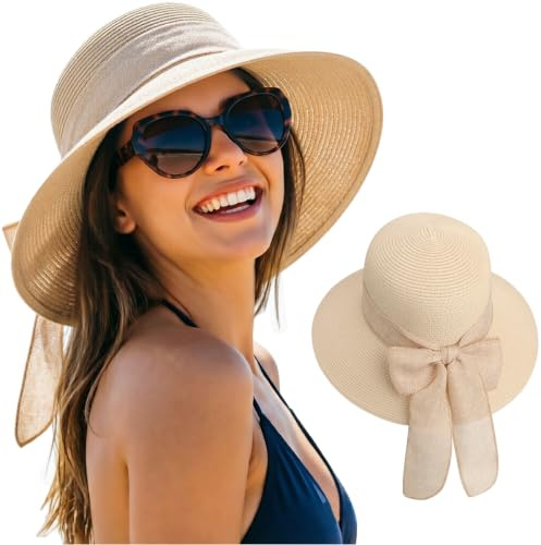 DRESHOW Solhattar för Kvinnor Resevänlig Hopfällbar Strandhatt Sommarhatt med Bred Brätte Stråhatt med Vindskydd UPF 50+