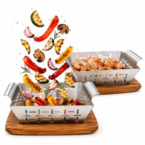 Grillnest® Premium Grillkorb-Set 4-teilig mit Akazienholz-Untersetzern | Für Gemüse, Fisch & Fleisch | 2 Edelstahl-Grillkörbe + 2 Akazienholz-Untersetzer | Spülmaschinenfest