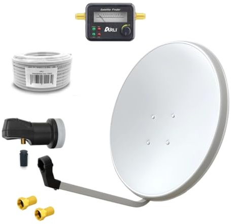 ARLI 60cm HD Sat Anlage Single LNB + 10m Koaxialkabel 135dB + Satfinder + 2 F-Stecker Digital 1 Teilnehmer Antenne lichtgrau/Weiss UHD 4K FullHD