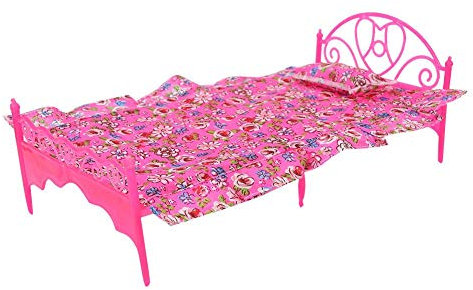 Mini Puppen Klassisches Einzelbett Helle Farbe Rosa Puppenhaus Kunststoff Einzelbett Miniatur Spielzeug mit Kissen und Blatt für Puppen