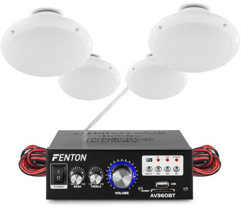 eAudio Bluetooth Ceiling Speaker System with Amplifier FM Radio and MP3 USB for Home Hi-Fi Cafe Restaurant Shop Installation (Four Speakers)