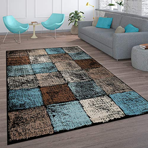 Paco Home Teppich Wohnzimmer Vintage Kurzflor Orientalisch Modern Rautenmuster Geometrisches Design Braun Türkis, Grösse:60x100 cm, Farbe:Braun