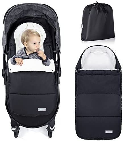 Orzbow Winter Fußsack Kinderwagen, Universelle Fußsack Buggy mit Einstellbare Druckknöpfe, Abnehmbar Fusssack Kinderwagen Baby, Waschmaschinenfest und Wasserdicht, Warm Korallenvlies, Reines Schwarz