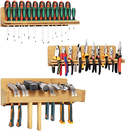 Wokyy Wandmontiertes Schraubendreherregal, Bambus-Zangenhalter, Hammer-Wandregal, Werkzeugaufbewahrung für Garage, Werkstatt, 3 Stück