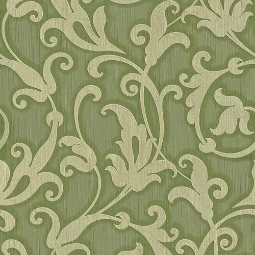 Profhome Barock Tapete 954904-GU Textiltapete grün gold oliv-grün 0,53 m x 10,05 m / 5,33 m2