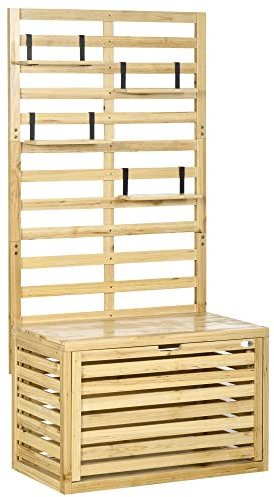 Outsunny Aufbewahrungsbox, Aufbewahrungstruhe mit Rankhilfe, Auflagenbox mit Ablagen, Gartentruhe, Kissenbox, Massivholz, Natur, 80 x 45 x 160 cm