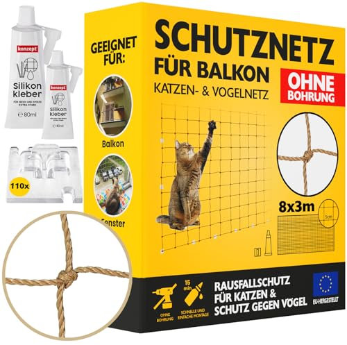 Konzept 11 - Katzennetz für Balkon Ohne Bohren Set 8x3M, Vogelabwehr Sicherheitsnetz für Fenster, Balkon, Katze, Starker Balkonnetz Vogelschutznetz Volierennetz