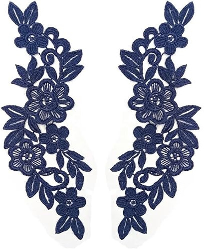 1 paio di toppe ricamate in pizzo, motivo floreale, per cucire, colletto, fai da te, cucito, toppe ricamate, accessori per abiti Cheongsam, colore blu navy