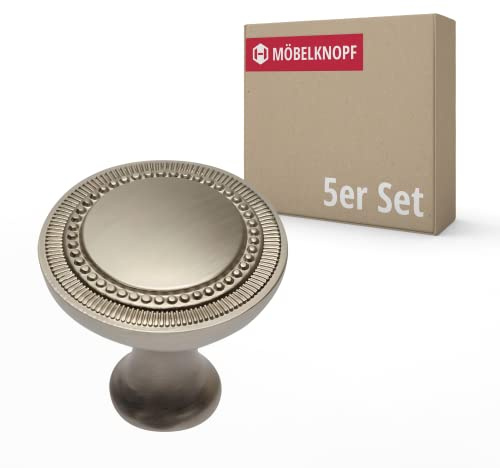 Gedotec Möbelknöpfe Aluminium Edelstahl-Optik D: 31,5 mm I 5 Stück Türknopf für Schränke inkl. Befestigungsmaterial I JOSI I Knöpfe für Küchenschränke - einfacher Stil I Schrankgriffe Türgriffe Möbel