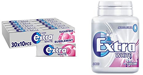 Extra White Chewing Gum, Sugar Free Bubblemint, Pack of 30 & White Chewing Gum Bottle, Sugar Free, Bubblemint Flavour, 46 Pieces