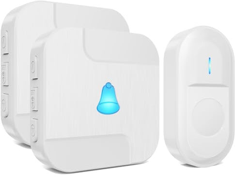 SURFOU Timbre Inalámbrico Exterior Impermeable Timbre Puerta de Casa de 300m Alcance Timbre Inalámbrico con 2 Receptores, 55 Melodías Ajutables, 5 Niveles de Volumen, Indicador LED, Blanco