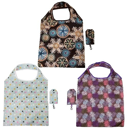 FAVORTALK Reusable Shopping Bag Foldaway in Pouch - 3 Pcs Large Capacity Washable Floral Lightweight Flower Shopper Bags for Women Men Packaway D8512